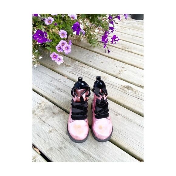 George Pink Black Moto Boots Metallic Sparkle Hologram Sz 6 Youth - Picture 2 of 8